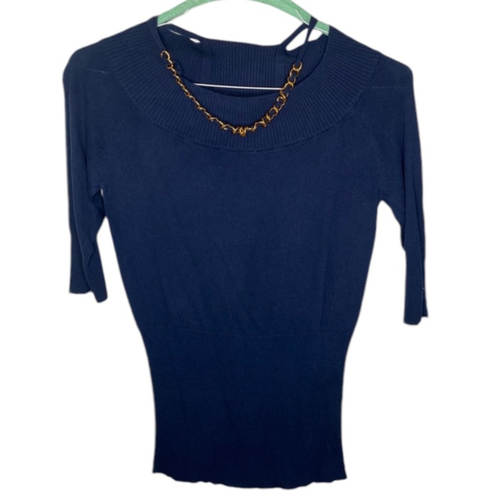Venus blue sweater 3/4 sleeve silk cotton cashmere blend with a gold color chain